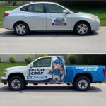 Before and after images of Speedy Scoop’s vehicle transformation, showcasing the company’s growth in Central Indiana.