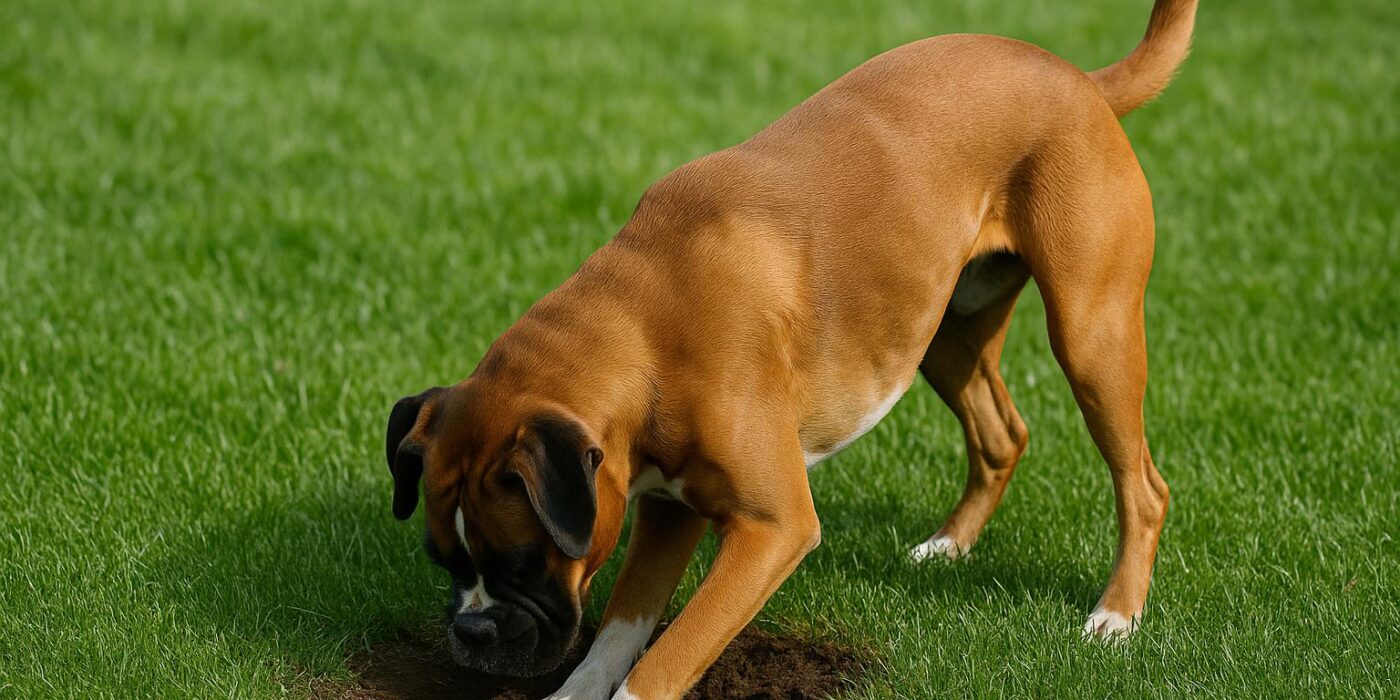 A realistic photo of a fawn-colored Boxer dog digging a small hole in a lush green lawn, representing the challenge of how to stop dogs from digging in backyards