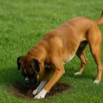 A realistic photo of a fawn-colored Boxer dog digging a small hole in a lush green lawn, representing the challenge of how to stop dogs from digging in backyards