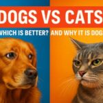 A vibrant split-screen image featuring a golden retriever on the left and a gray tabby cat on the right, both staring suspiciously at each other. The background is divided into bright blue and orange halves, with bold white text reading “Dogs vs Cats: Which Is Better? And Why It Is Dogs.” The image conveys a playful rivalry between the two pets.