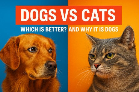 A vibrant split-screen image featuring a golden retriever on the left and a gray tabby cat on the right, both staring suspiciously at each other. The background is divided into bright blue and orange halves, with bold white text reading “Dogs vs Cats: Which Is Better? And Why It Is Dogs.” The image conveys a playful rivalry between the two pets.