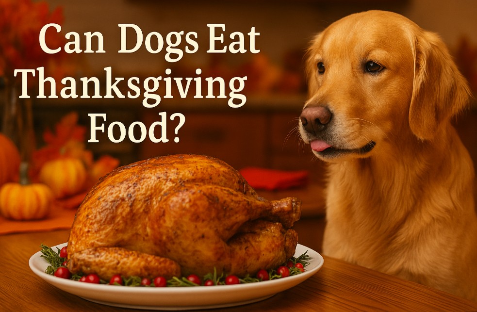 A golden retriever sits at a kitchen counter staring eagerly at a roasted Thanksgiving turkey on a plate, surrounded by fall decorations including pumpkins and autumn leaves. Festive text reads “Can Dogs Eat Thanksgiving Food?” on the left side of the image, with warm golden lighting and a cozy holiday atmosphere.