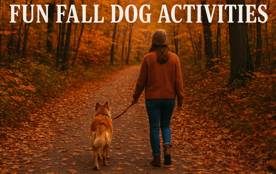 A woman wearing a cozy fall sweater and beanie walks her dog along a leaf-covered forest trail surrounded by vibrant orange and golden autumn trees. The dog walks calmly beside her on a leash as they follow the peaceful wooded path. Bold text across the top reads, “Fun Fall Dog Activities.”