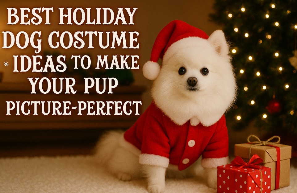 A fluffy white Pomeranian wearing a red Santa costume sits on a cream-colored rug in a cozy, warmly lit room beside a decorated Christmas tree and wrapped presents. Festive text on the left reads “Best Holiday Dog Costume Ideas to Make Your Pup Picture-Perfect” in a cheerful holiday font.