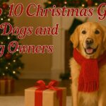 Golden retriever wearing a red scarf sitting beside a wrapped Christmas present in front of a decorated Christmas tree and fireplace, with the festive title ‘Top 10 Christmas Gifts for Dogs and Dog Owners’ written in elegant red holiday font across the image.