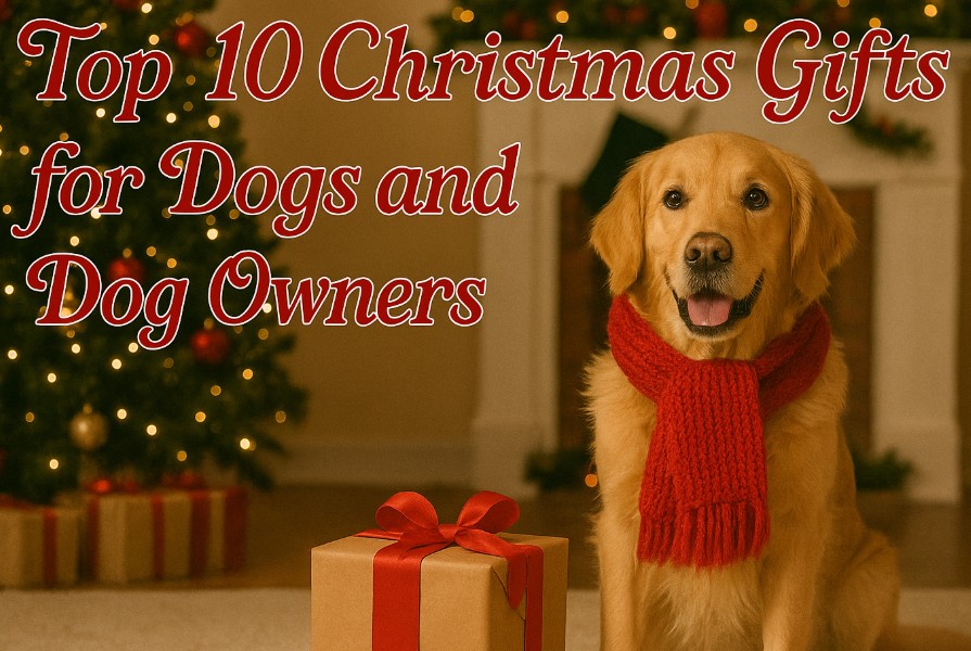 Golden retriever wearing a red scarf sitting beside a wrapped Christmas present in front of a decorated Christmas tree and fireplace, with the festive title ‘Top 10 Christmas Gifts for Dogs and Dog Owners’ written in elegant red holiday font across the image.