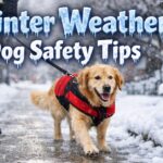 Golden retriever wearing a red winter coat being walked on an icy sidewalk during snowfall, illustrating winter weather dog safety tips for cold and slippery conditions.