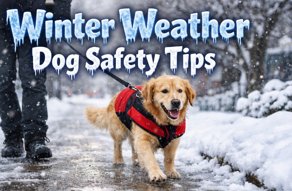 Golden retriever wearing a red winter coat being walked on an icy sidewalk during snowfall, illustrating winter weather dog safety tips for cold and slippery conditions.