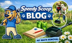 Speedy Scoop blog banner with dog mascot, dogs, and pet waste removal branding