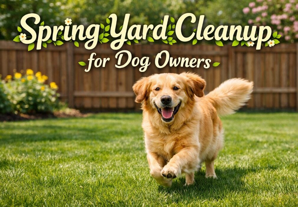 Golden retriever running across a green fenced backyard in spring with the headline “Spring Yard Cleanup for Dog Owners” decorated with leafy spring lettering.