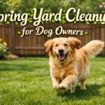 Golden retriever running across a green fenced backyard in spring with the headline “Spring Yard Cleanup for Dog Owners” decorated with leafy spring lettering.