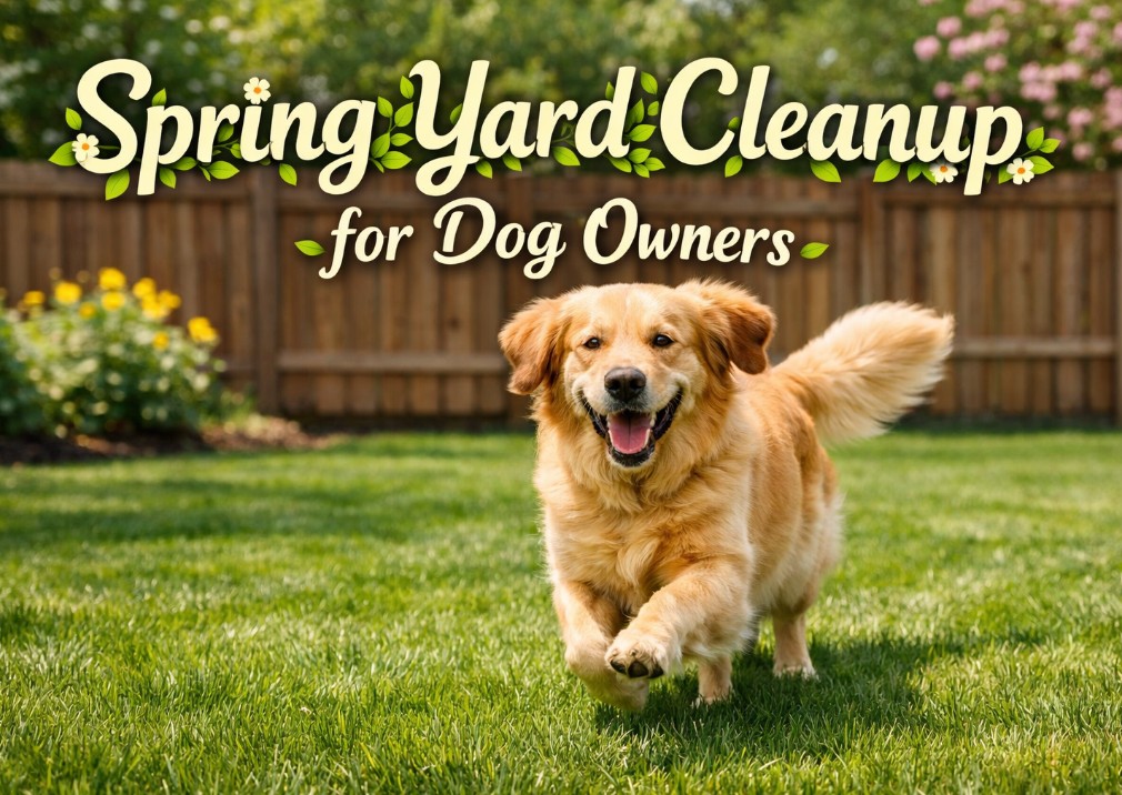 Golden retriever running across a green fenced backyard in spring with the headline “Spring Yard Cleanup for Dog Owners” decorated with leafy spring lettering.