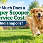 Happy golden retriever running across a green lawn with the title “How Much Does a Pooper Scooper Service Cost in Indianapolis?”