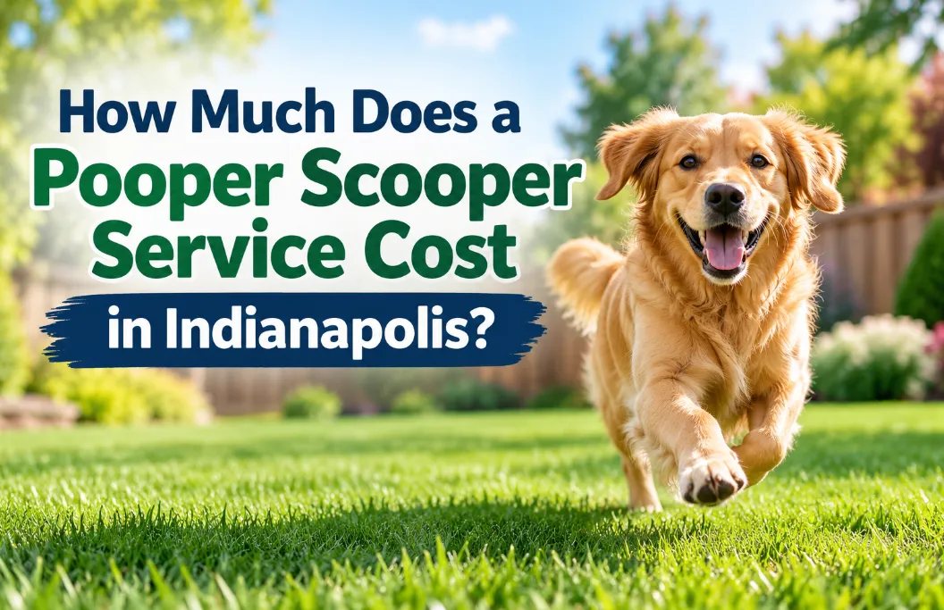 Happy golden retriever running across a green lawn with the title “How Much Does a Pooper Scooper Service Cost in Indianapolis?”